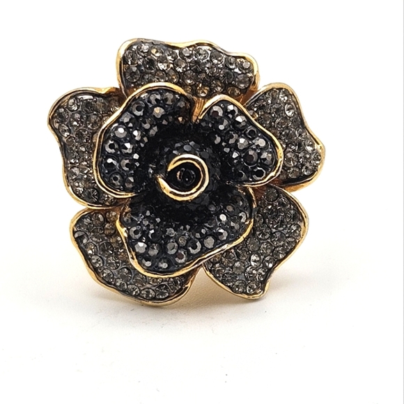 🆓️FREE ADD ON Floral Costume Fashion Gold Statement Ring Black Clear Rhinestone - Picture 2 of 9